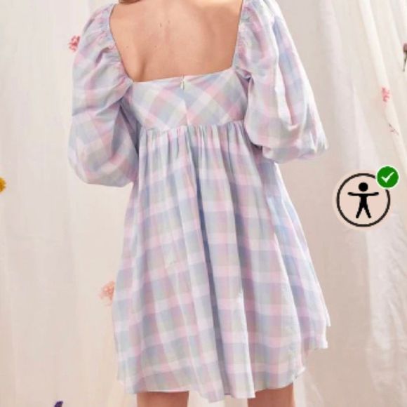 ✨NWT✨STORIA✨PASTEL PLAID PUFF-SLEEVEST BABYDOLL MINI DRESS - Picture 13 of 14